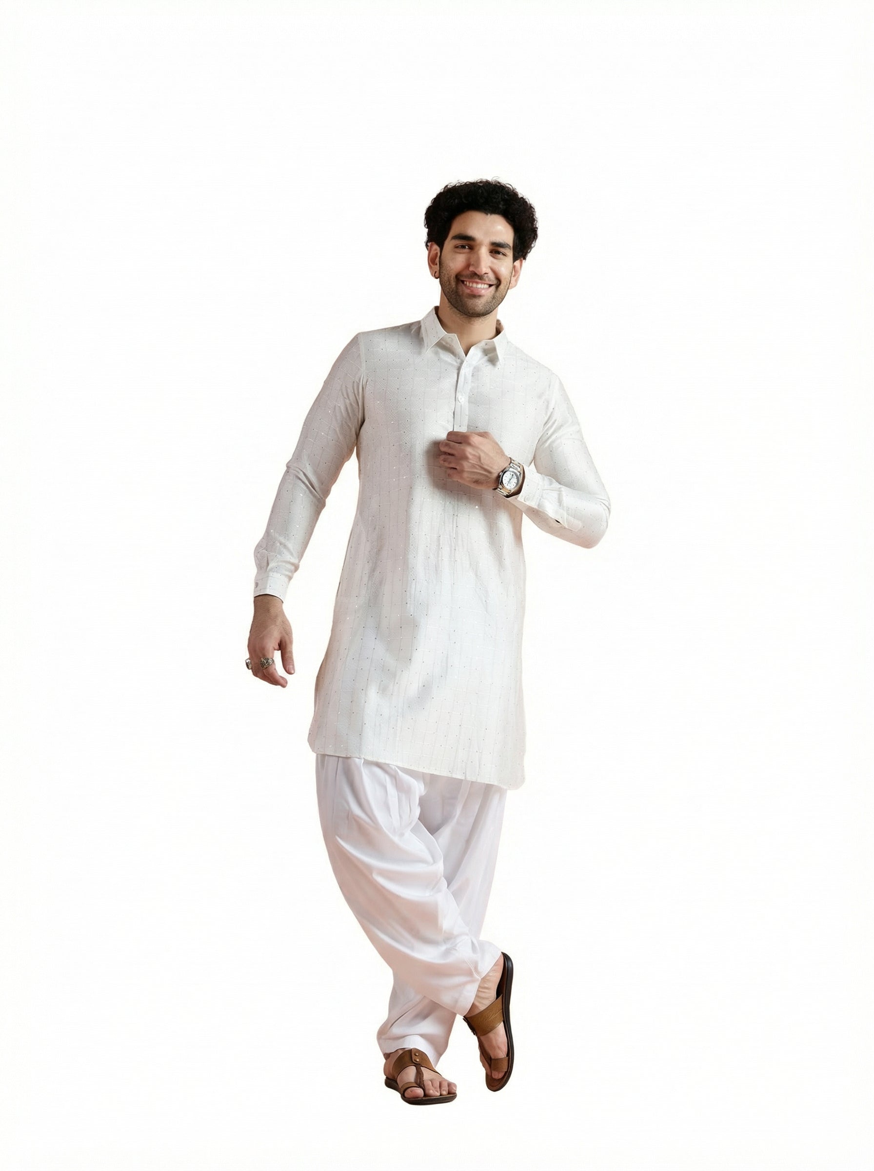 White Viscose Embellished Pathani Kurta