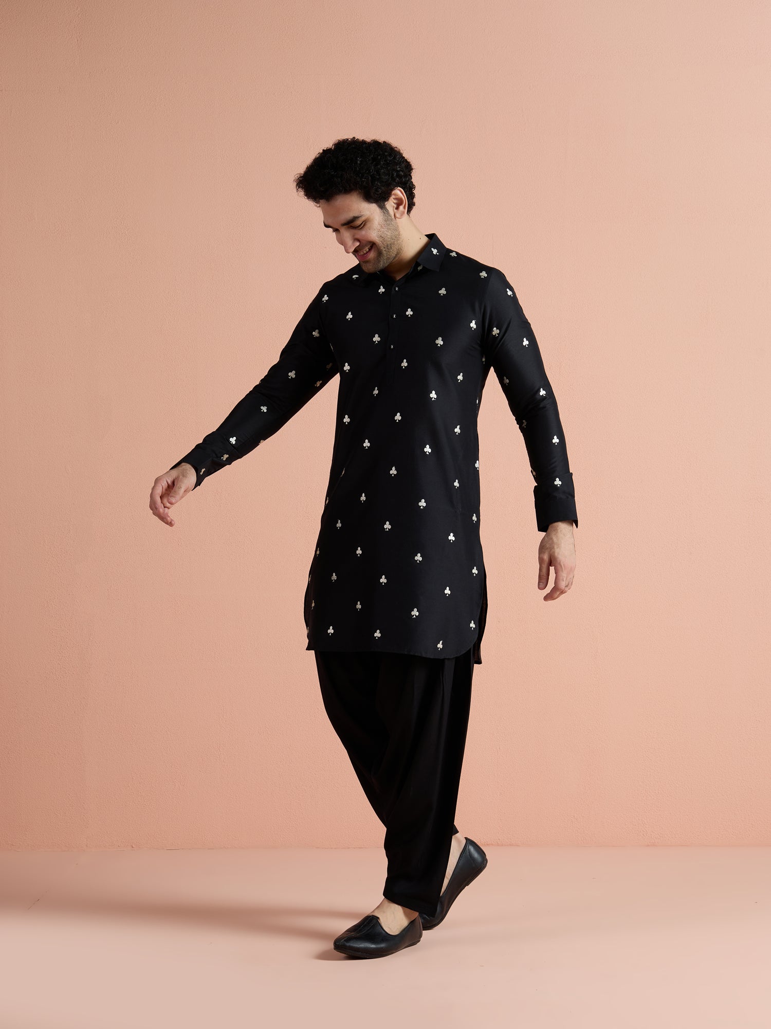 Black Cotton Embroidered Pathani Kurta