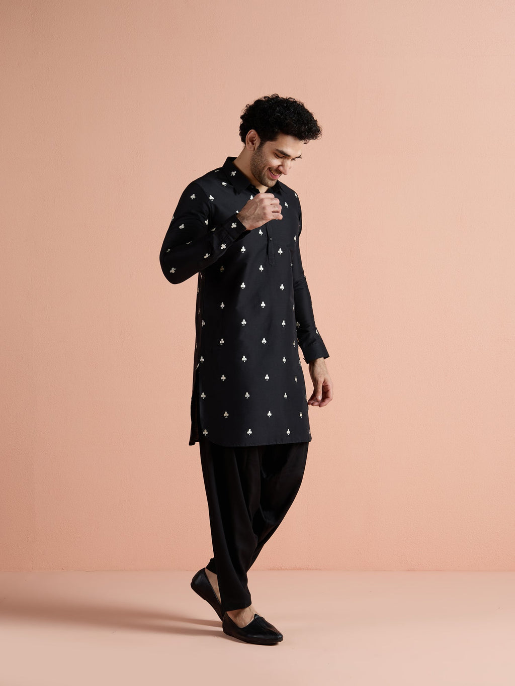 Black Cotton Embroidered Pathani Kurta