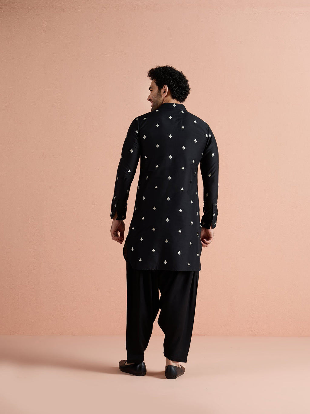 Black Cotton Embroidered Pathani Kurta