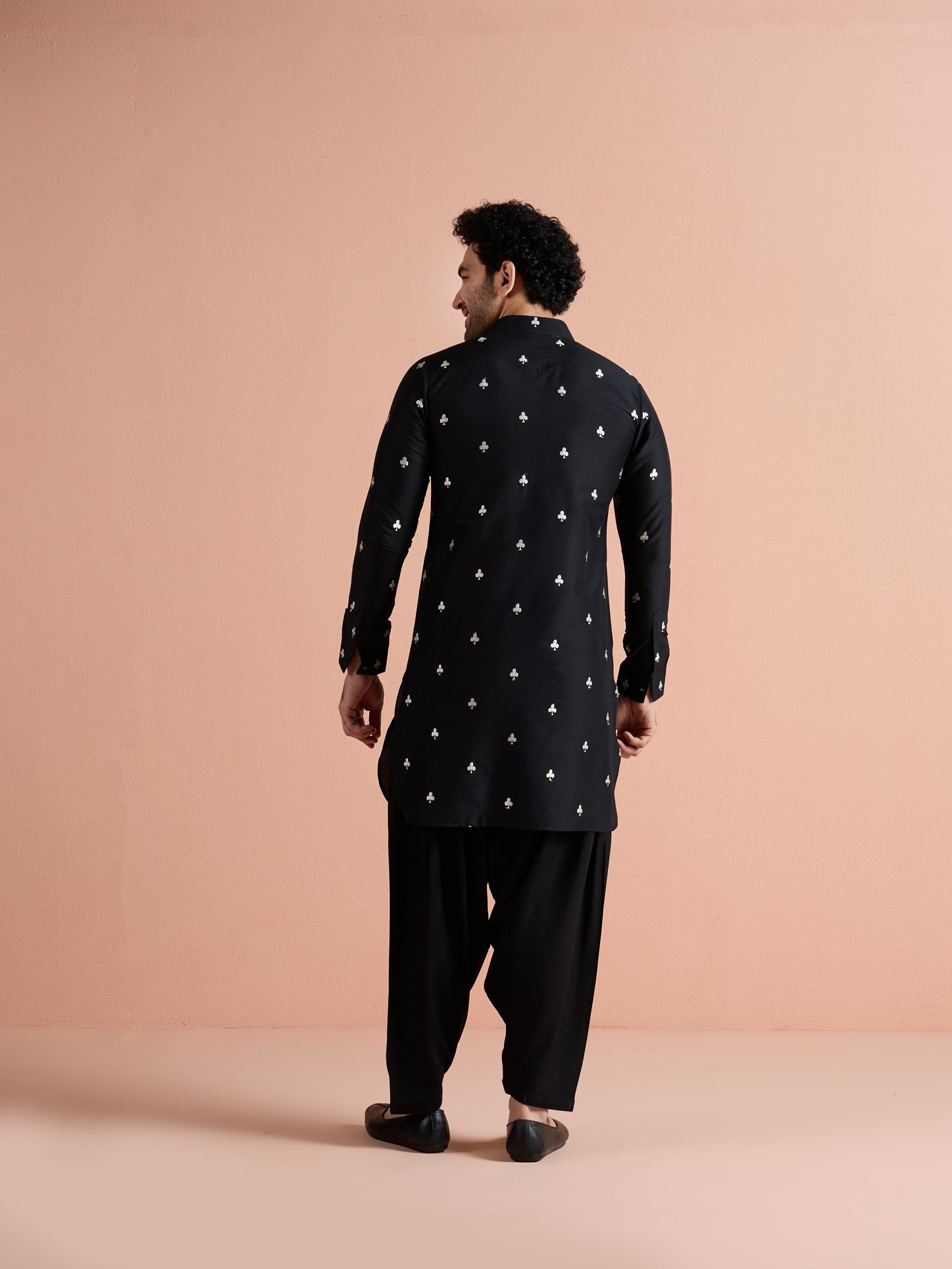 Black Cotton Embroidered Pathani Kurta