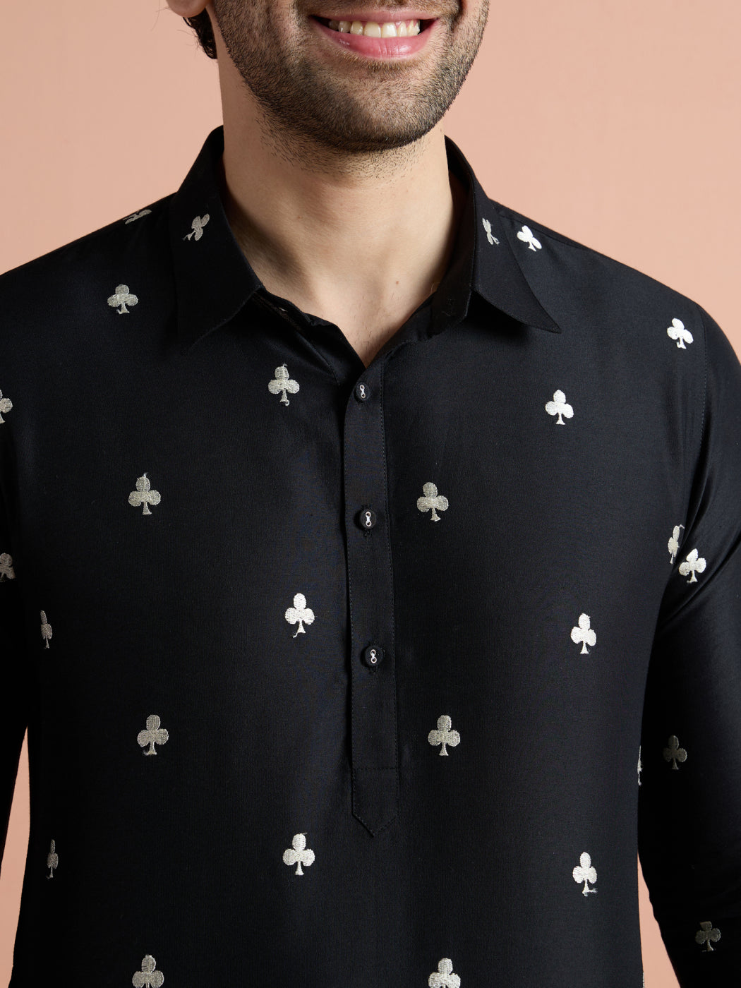 Black Cotton Embroidered Pathani Kurta
