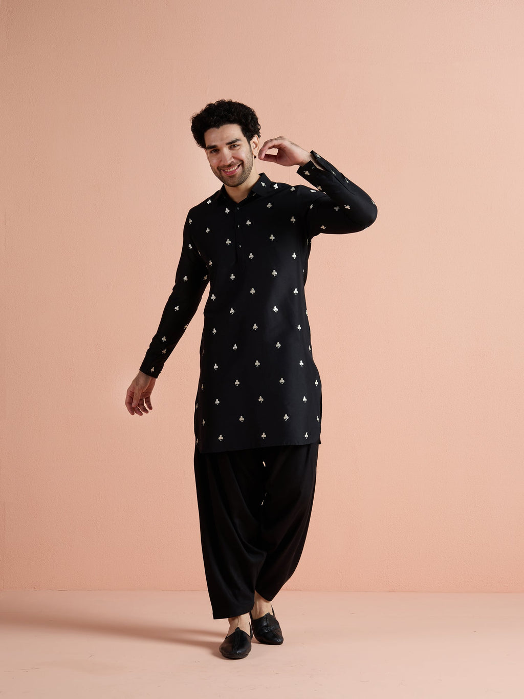 Black Cotton Embroidered Pathani Kurta