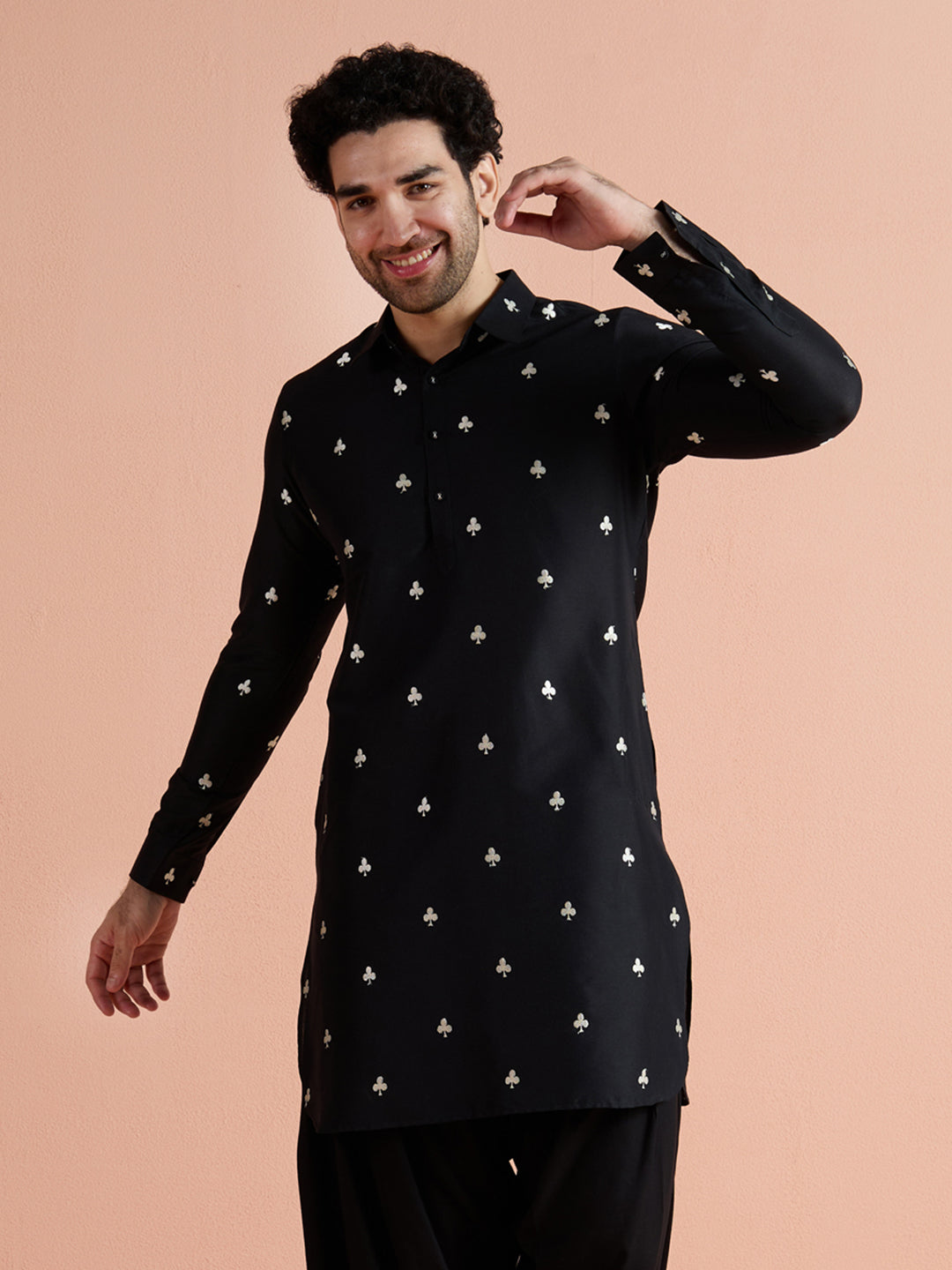 Black Cotton Embroidered Pathani Kurta Patiyala Set