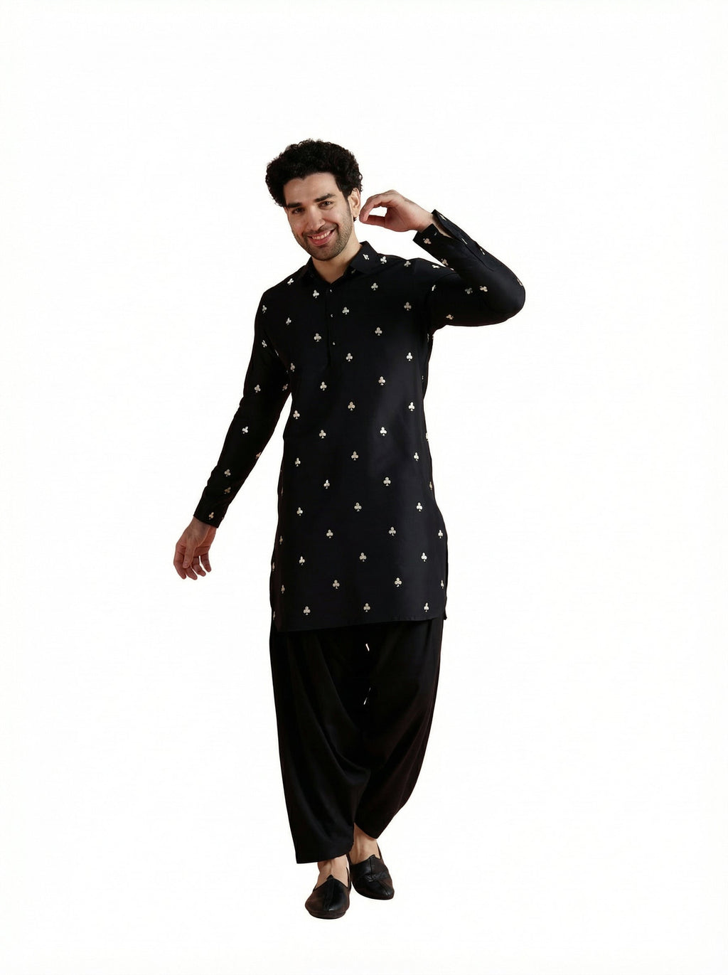 Black Cotton Embroidered Pathani Kurta Patiyala Set