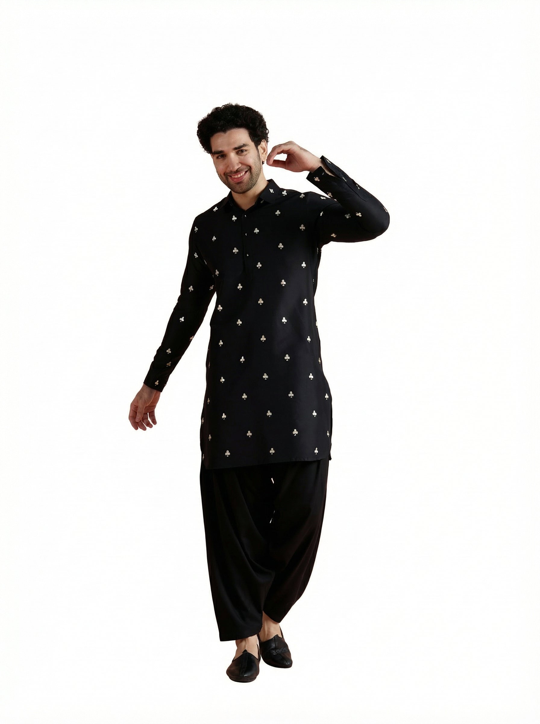 Black Cotton Embroidered Pathani Kurta Patiyala Set