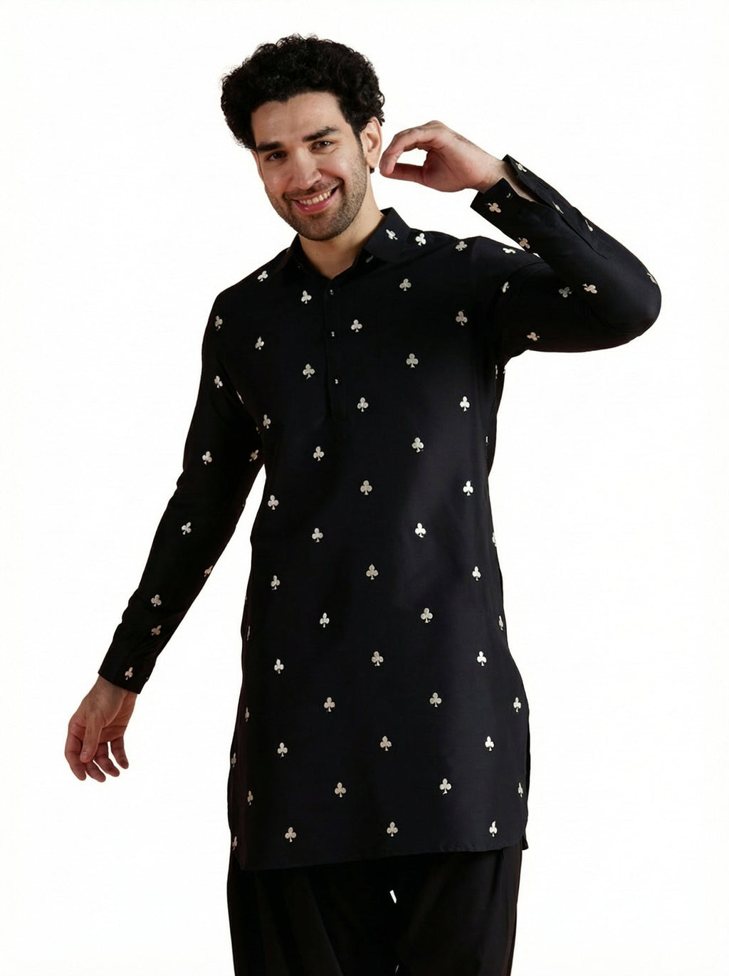 Black Cotton Embroidered Pathani Kurta