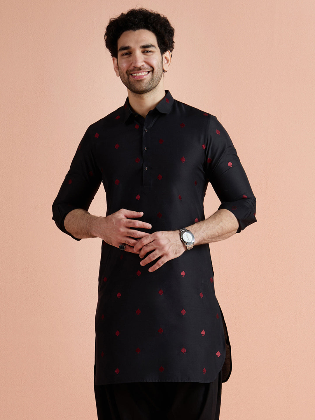 Black Cotton Embroidered Pathani Kurta