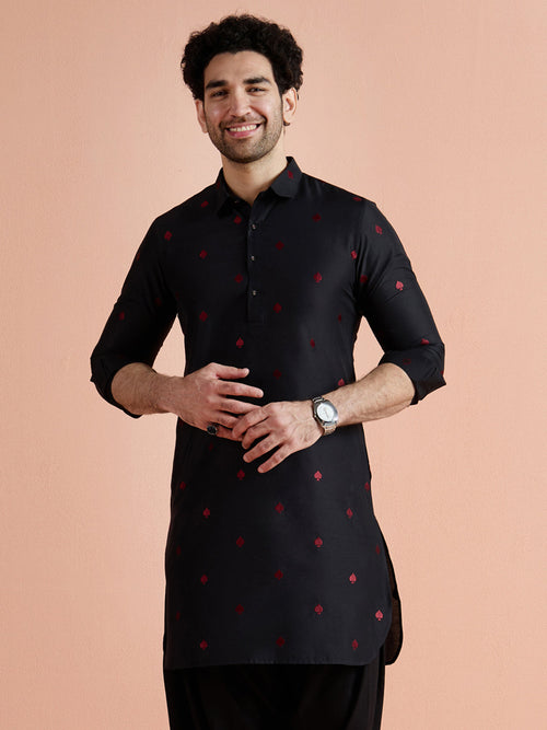Black Cotton Embroidered Pathani Kurta