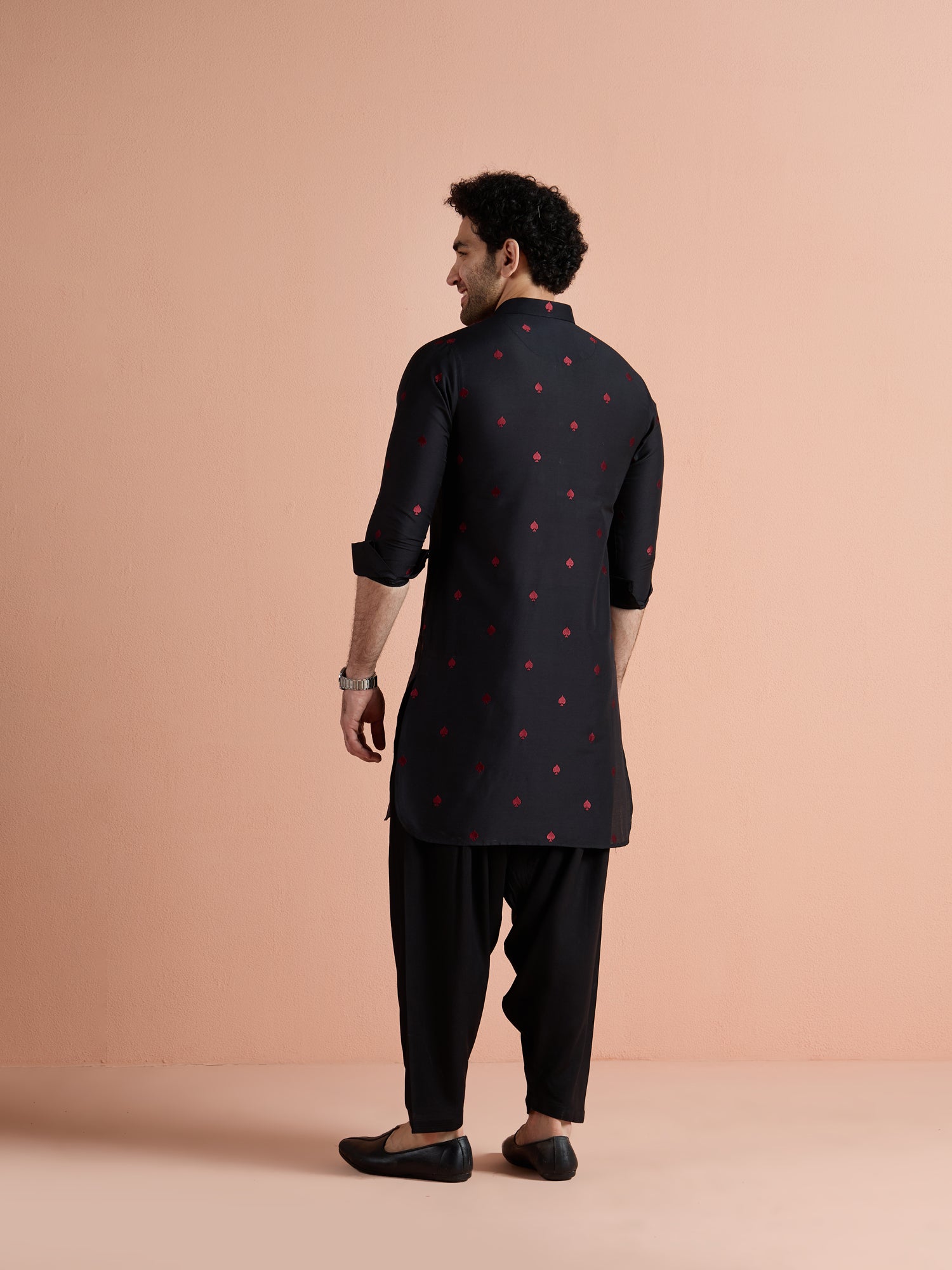 Black Cotton Embroidered Pathani Kurta
