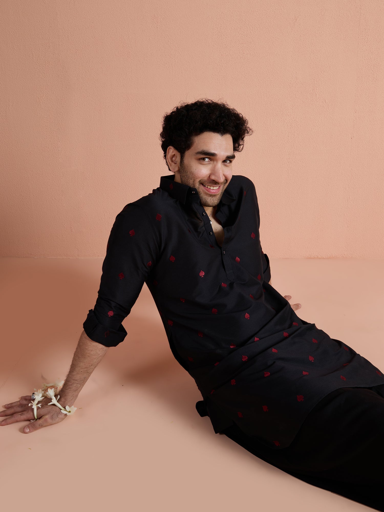Black Cotton Embroidered Pathani Kurta