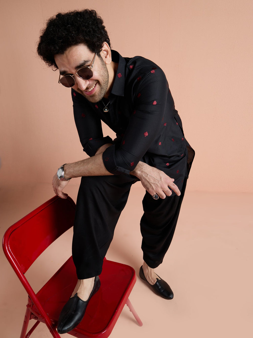 Black Cotton Embroidered Pathani Kurta