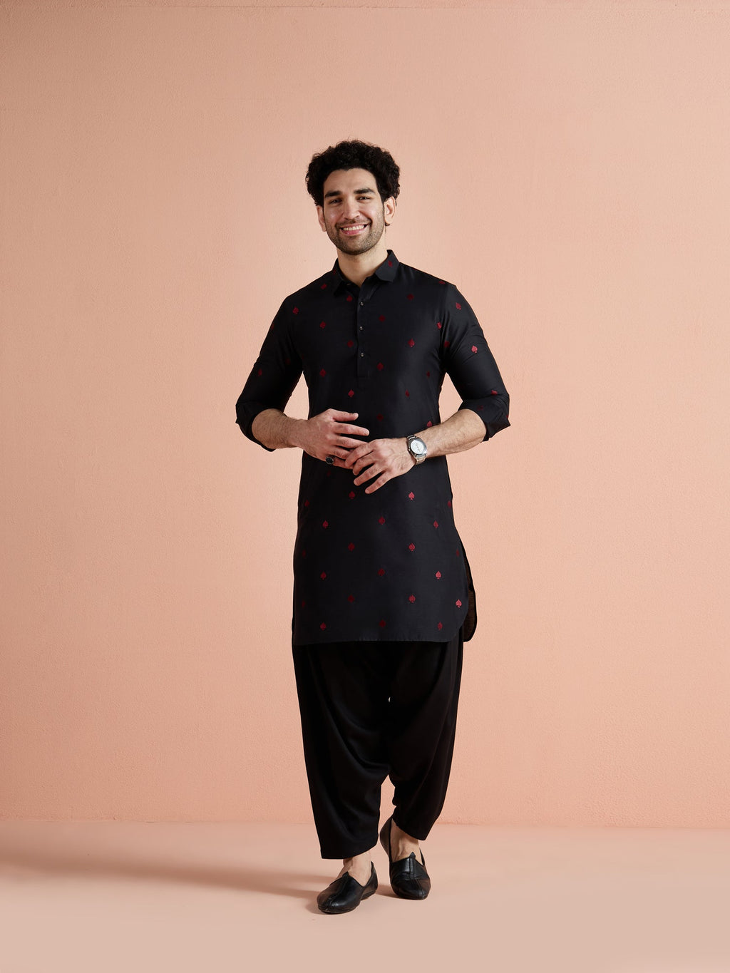 Black Cotton Embroidered Pathani Kurta Patiyala Set