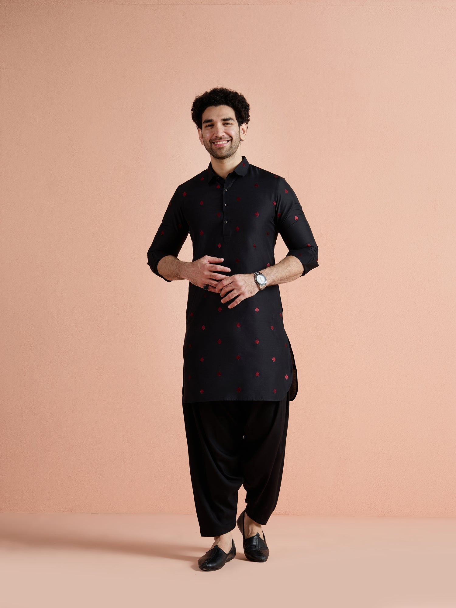 Black Cotton Embroidered Pathani Kurta Patiyala Set