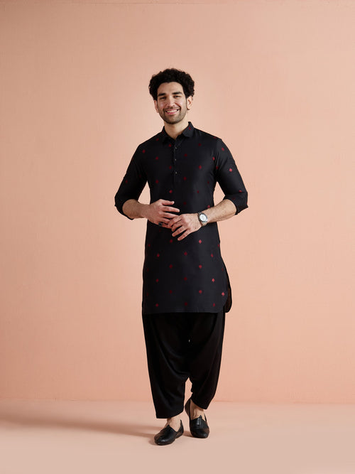 Black Cotton Embroidered Pathani Kurta Patiyala Set