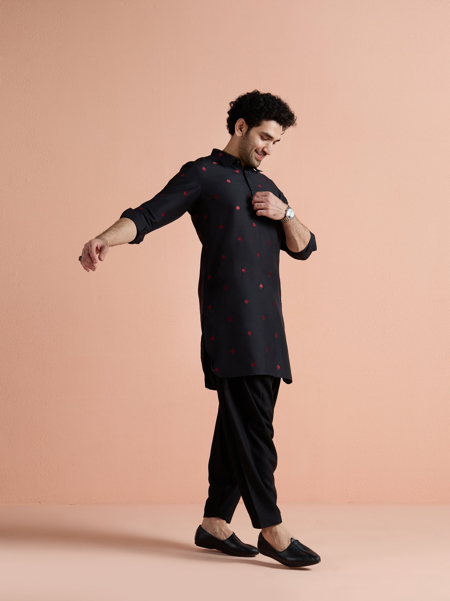 Black Cotton Embroidered Pathani Kurta Patiyala Set