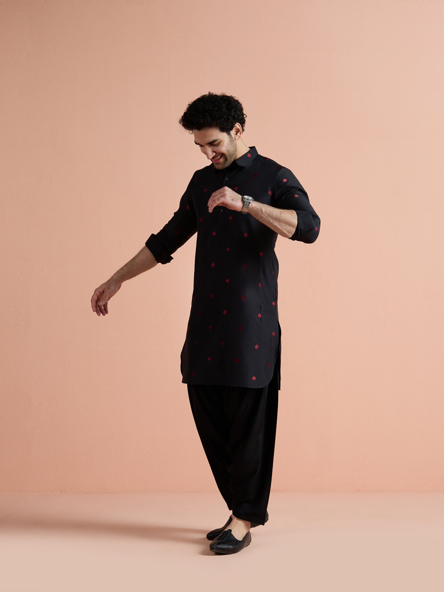 Black Cotton Embroidered Pathani Kurta Patiyala Set