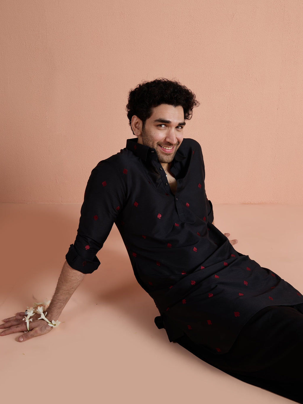 Black Cotton Embroidered Pathani Kurta Patiyala Set