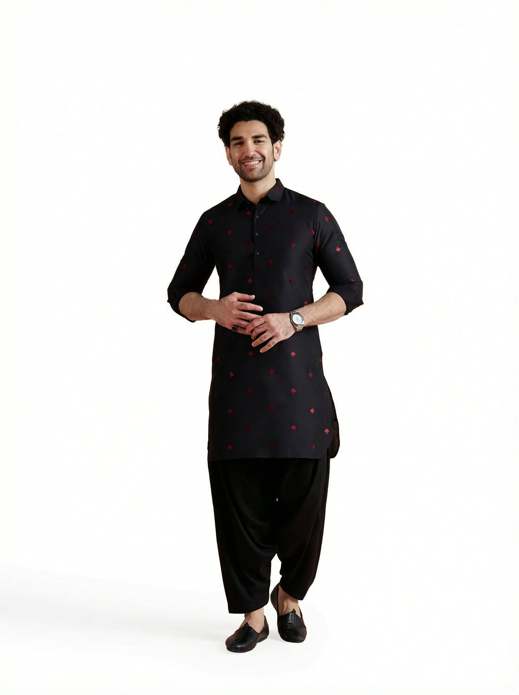 Black Cotton Embroidered Pathani Kurta Patiyala Set