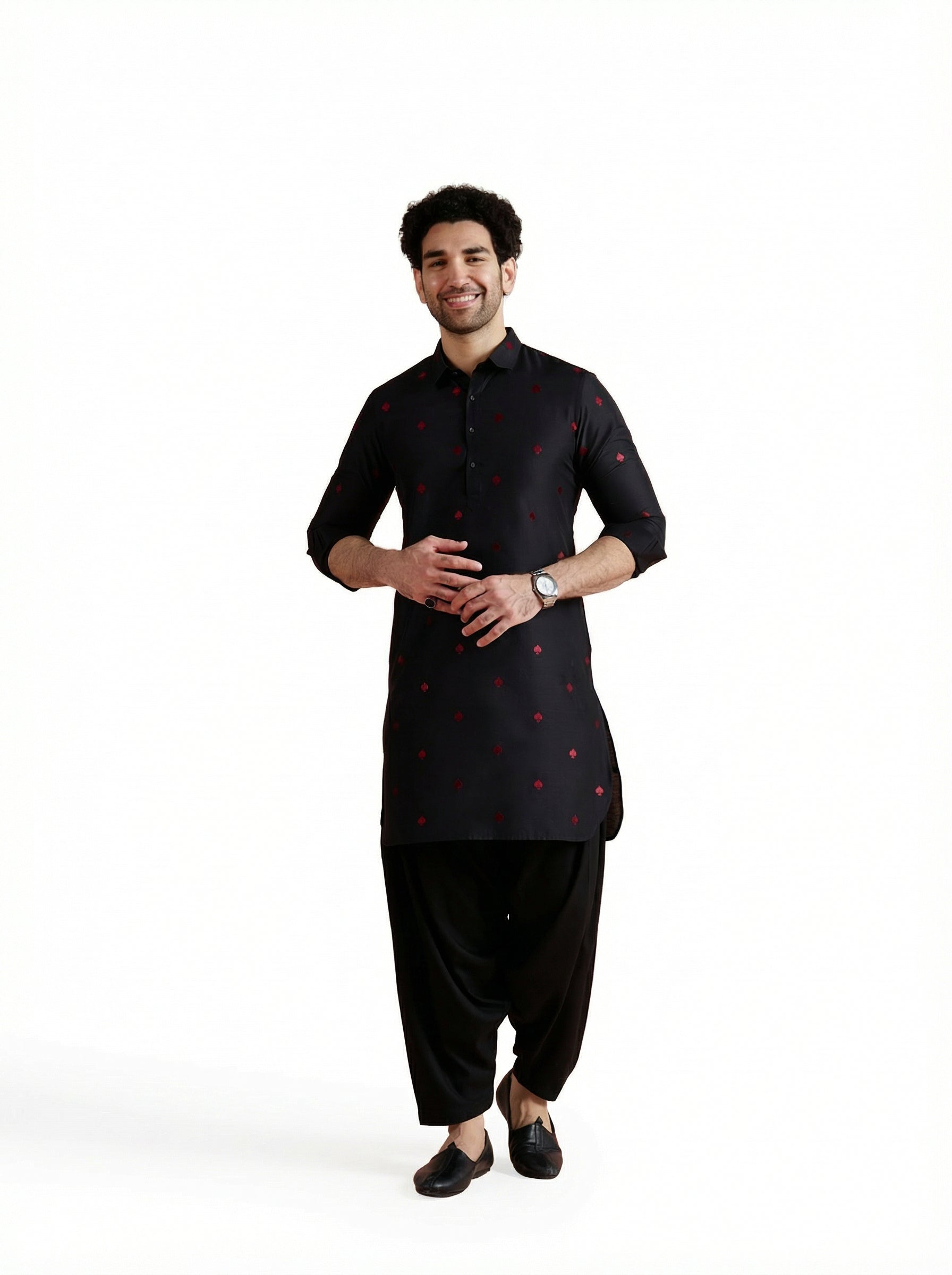 Black Cotton Embroidered Pathani Kurta Patiyala Set