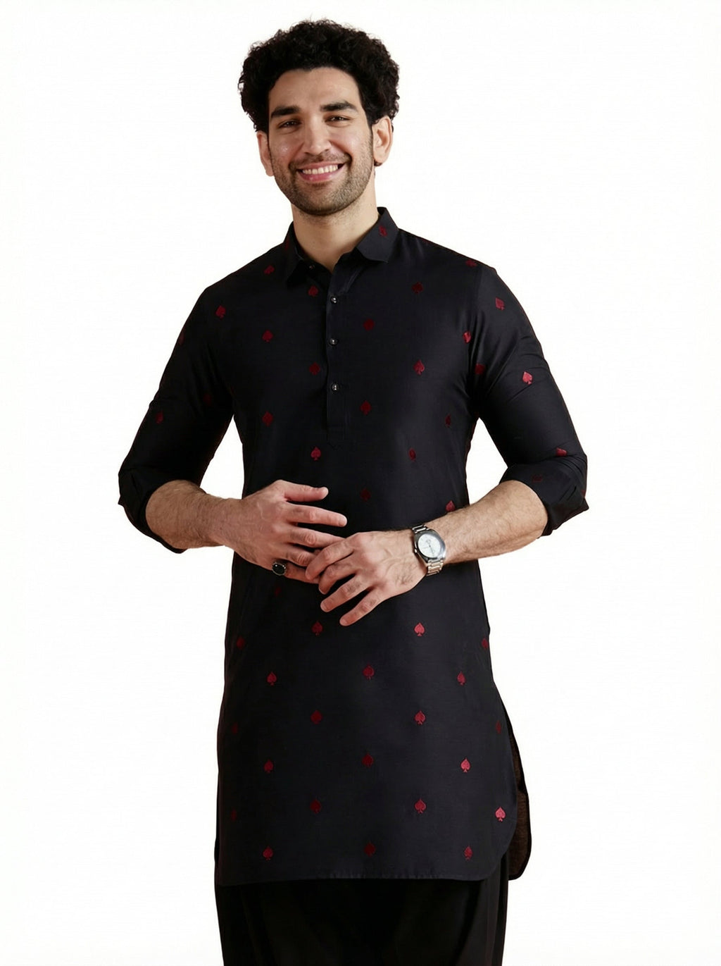 Black Cotton Embroidered Pathani Kurta