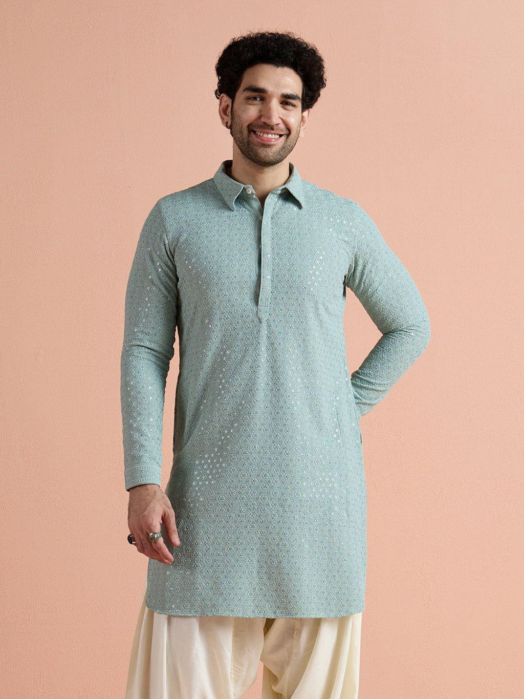 Green Viscose Embroidered Pathani Kurta