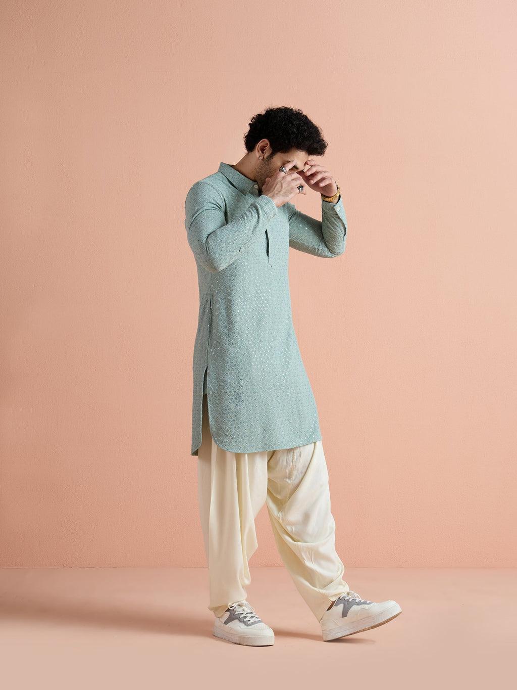 Green Viscose Embroidered Pathani Kurta
