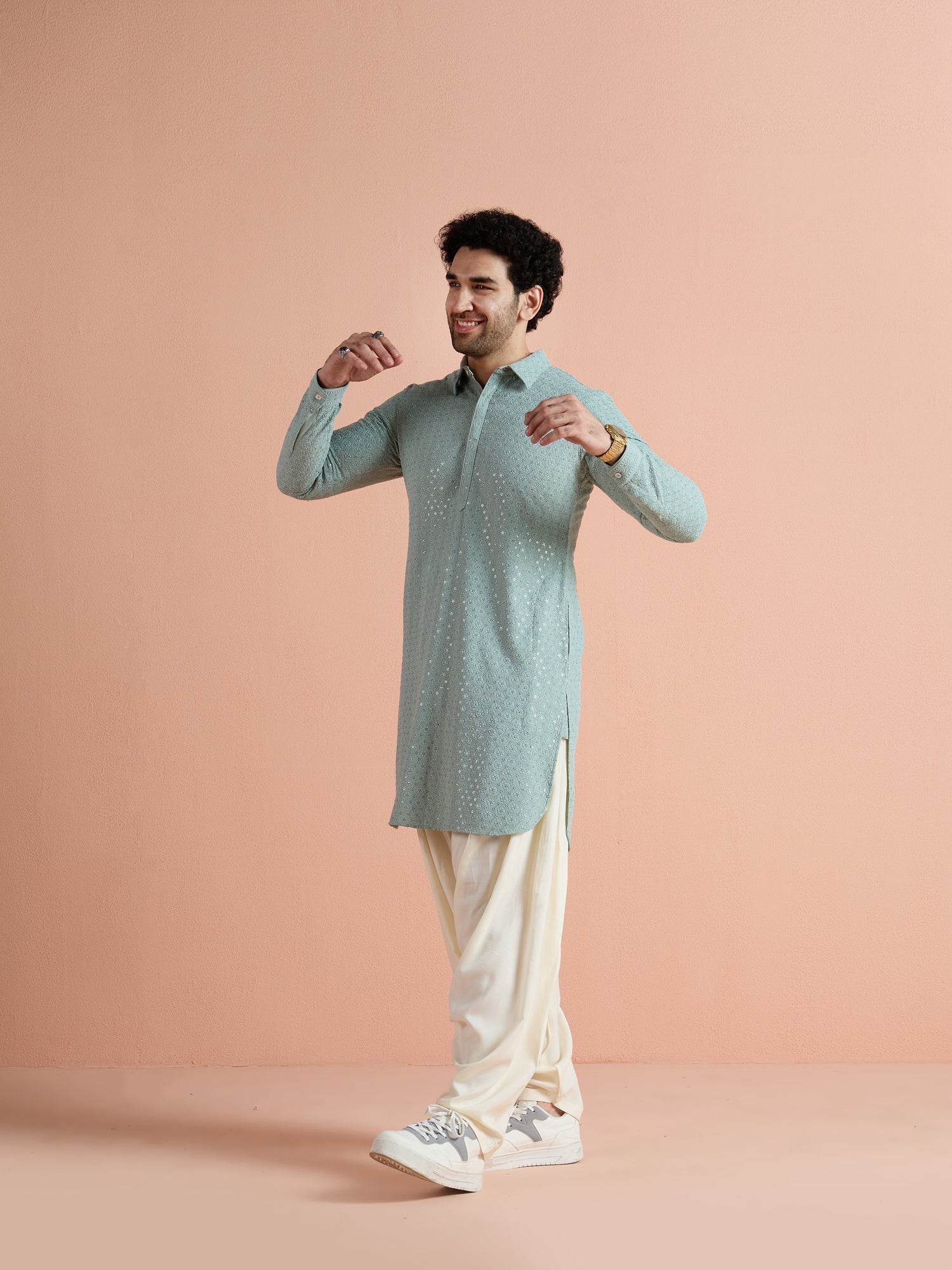 Green Viscose Embroidered Pathani Kurta