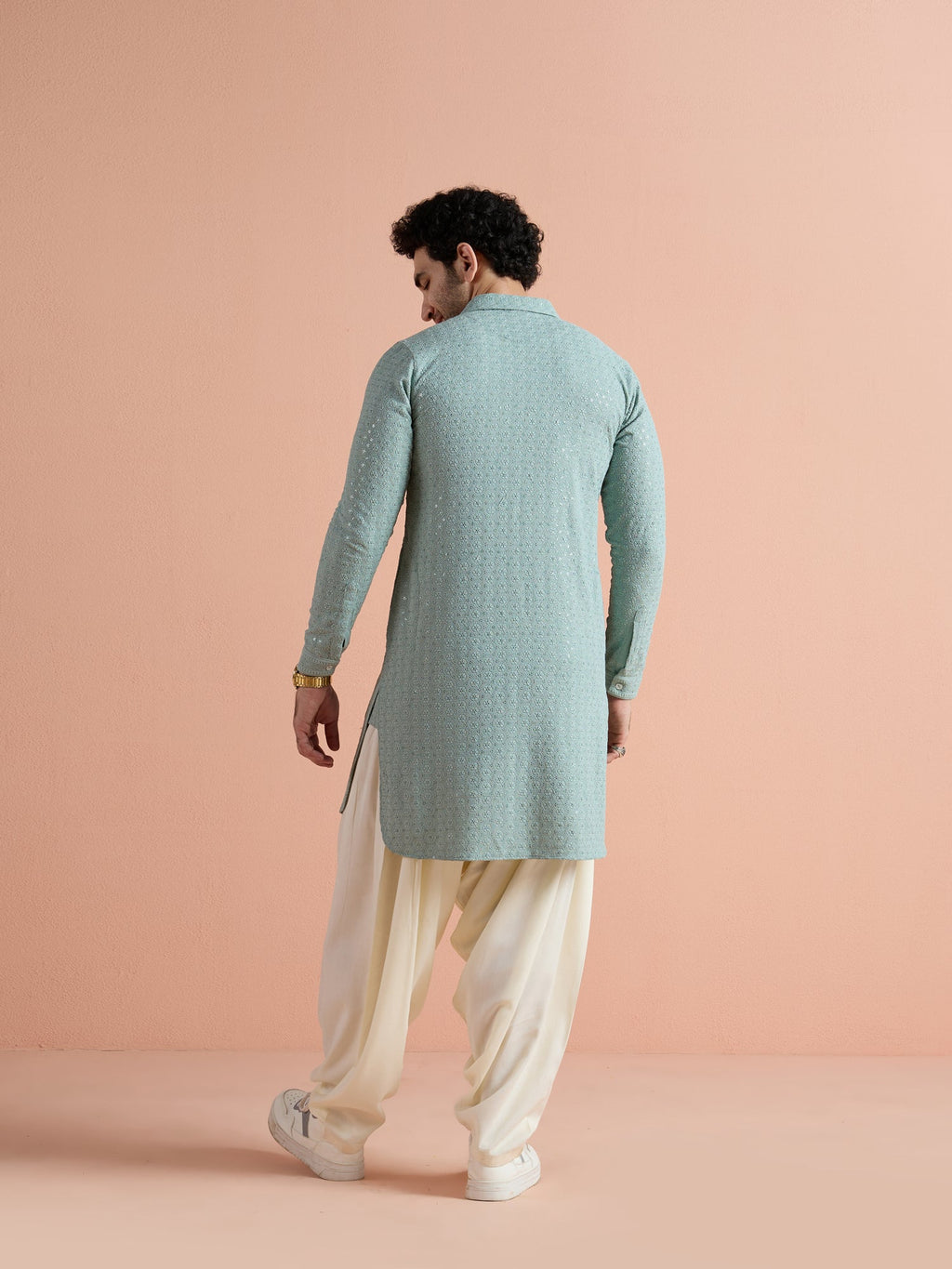 Green Viscose Embroidered Pathani Kurta