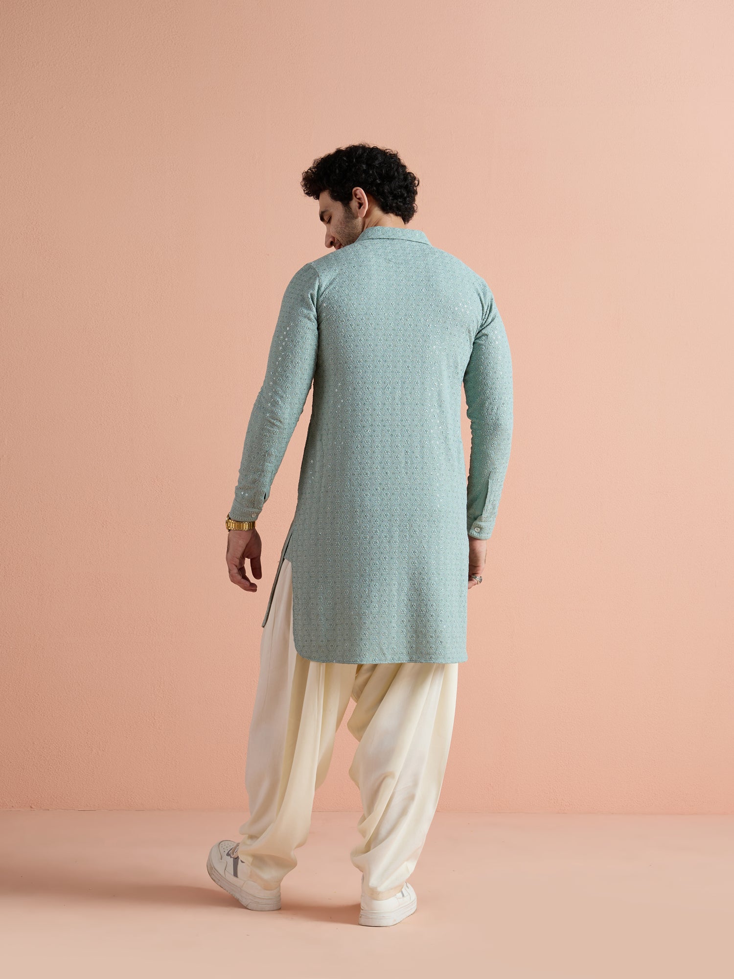 Green Viscose Embroidered Pathani Kurta