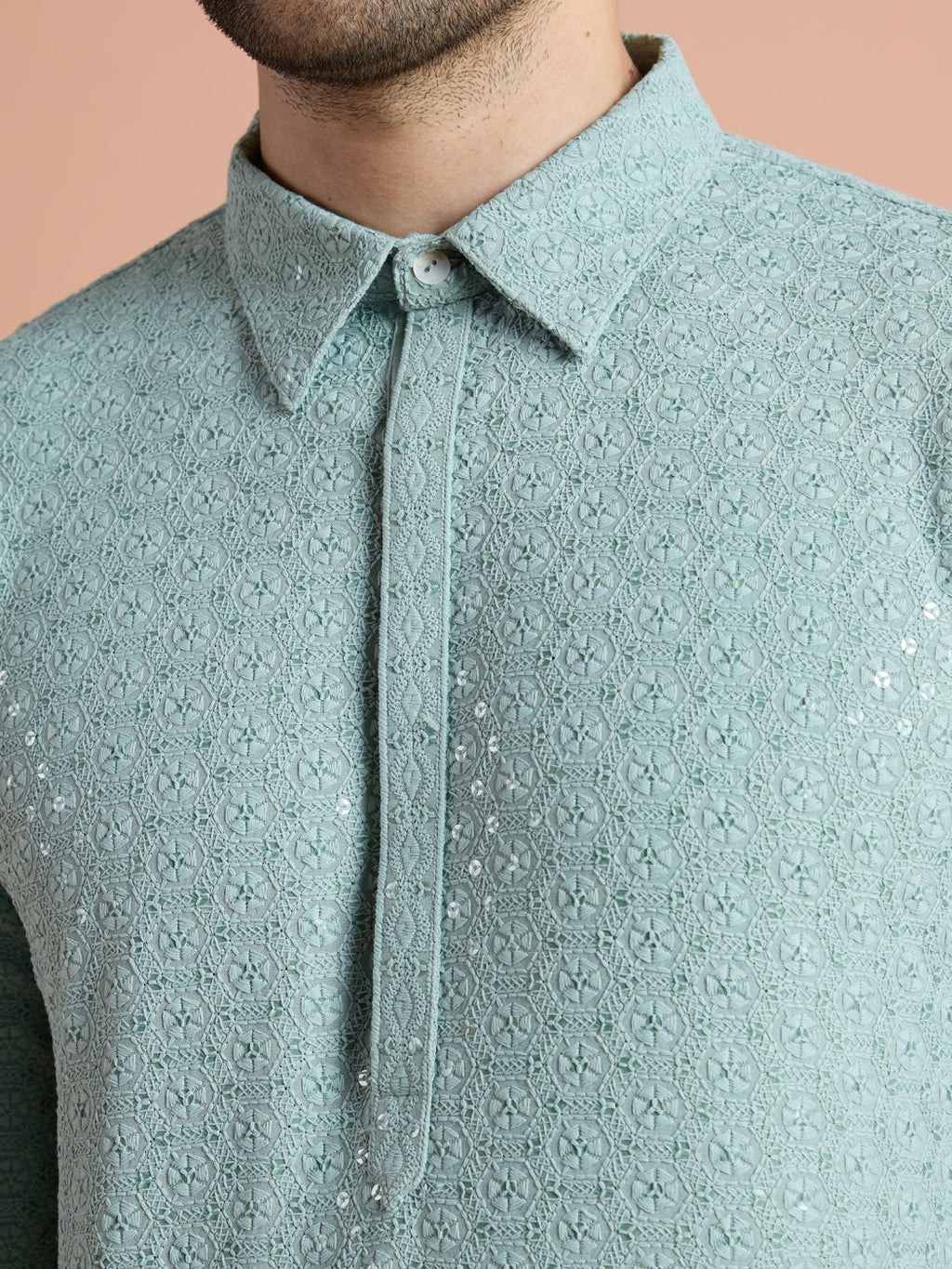 Green Viscose Embroidered Pathani Kurta