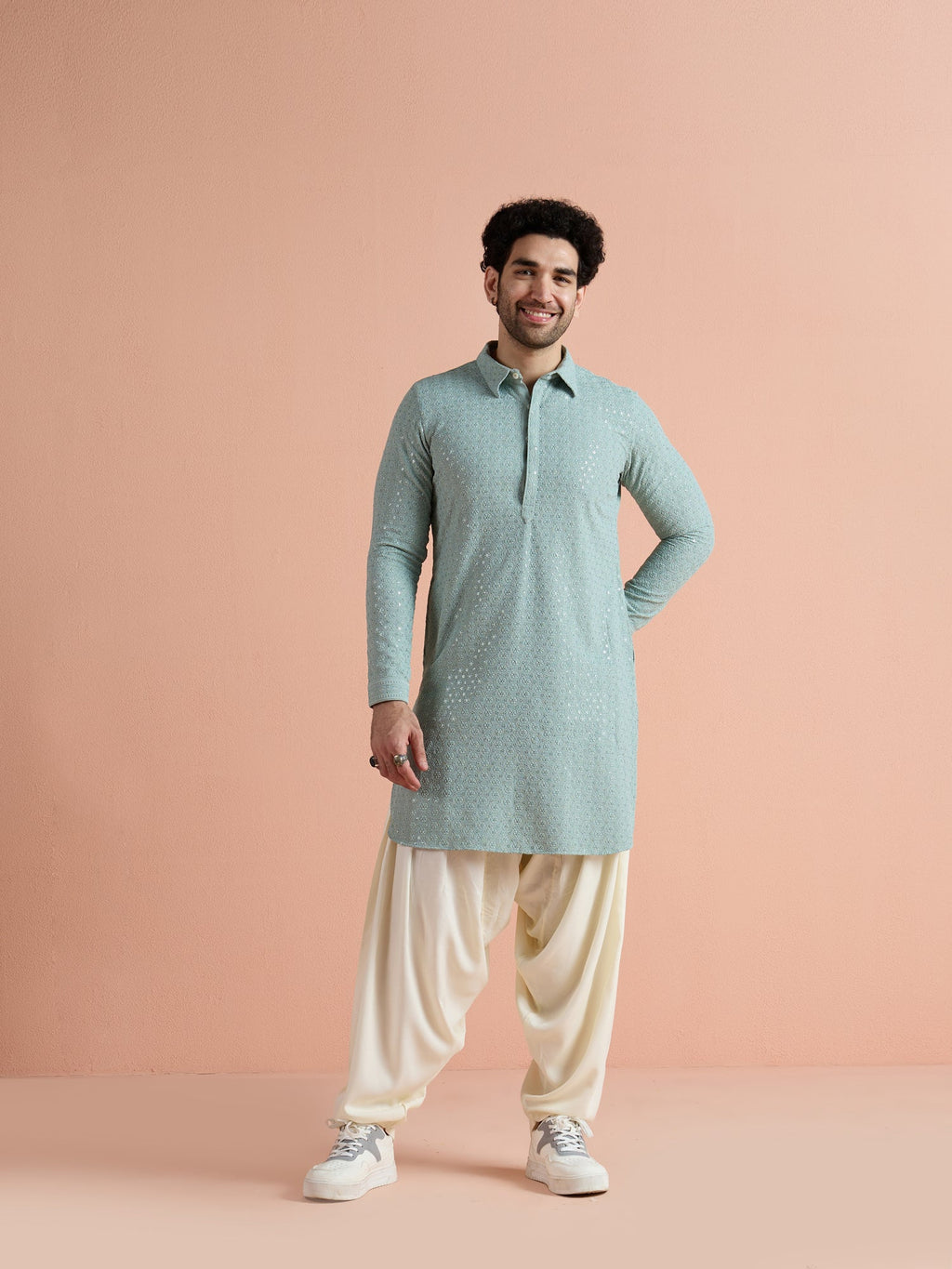 Green Viscose Embroidered Pathani Kurta
