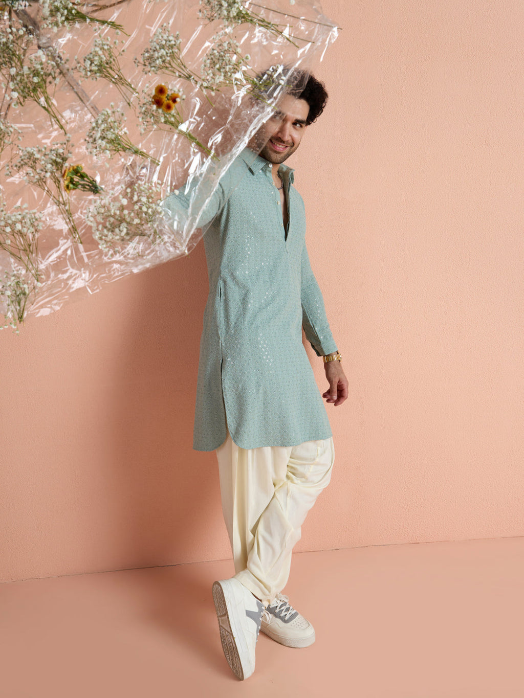Green Viscose Embellished Pathani Kurta Patiyala Set
