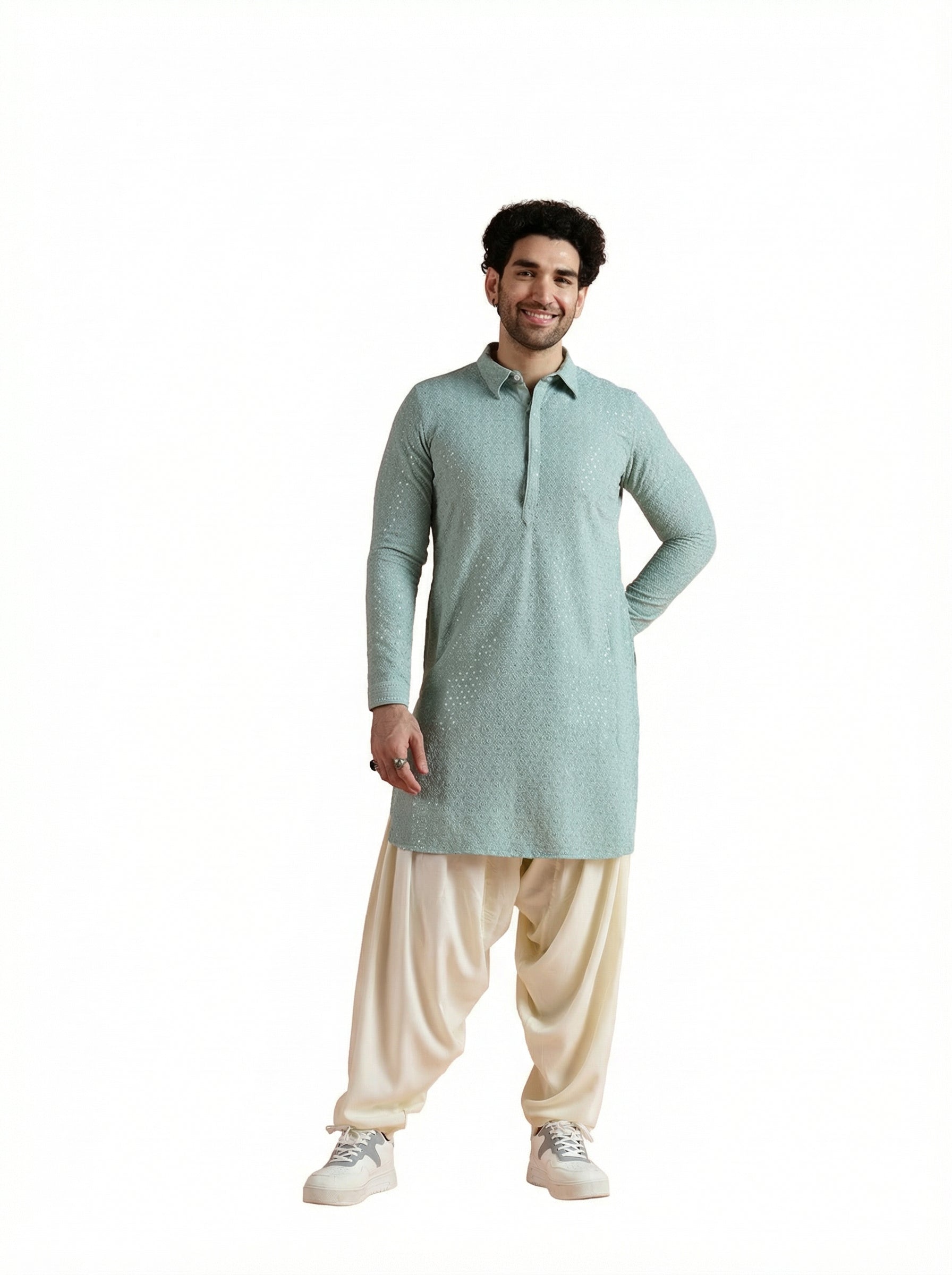 Green Viscose Embellished Pathani Kurta Patiyala Set