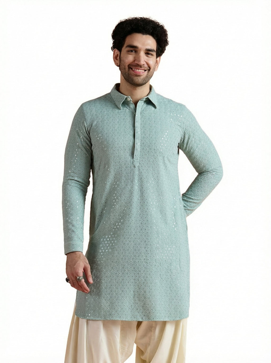 Green Viscose Embroidered Pathani Kurta
