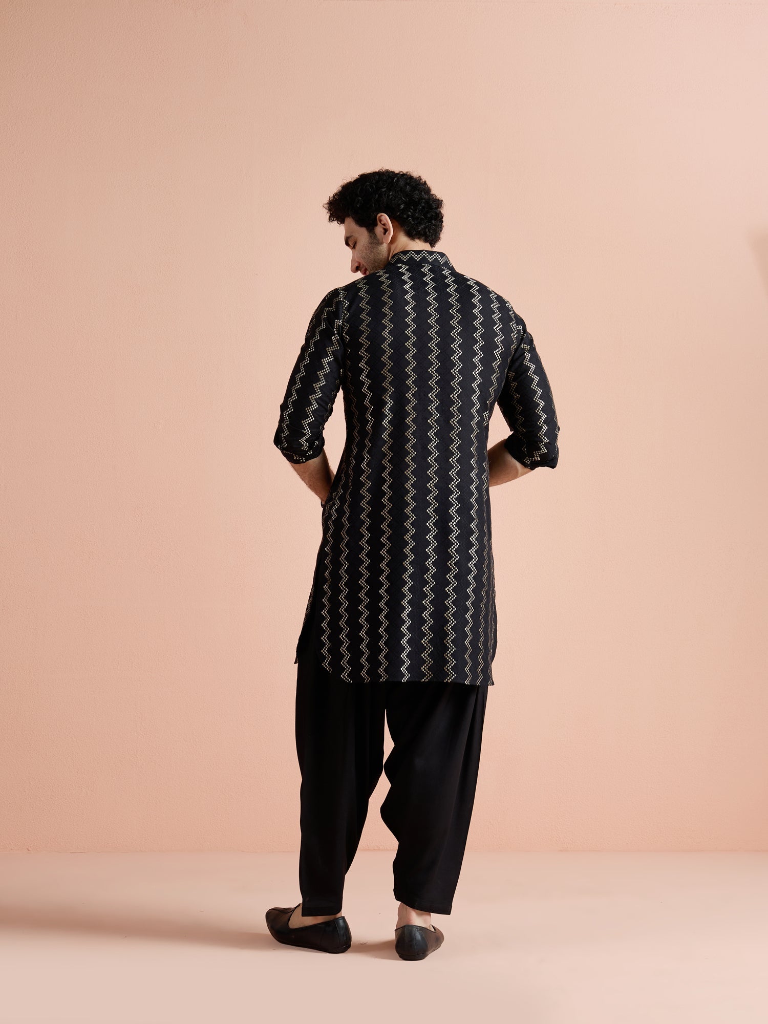 Black Cotton Jacquard Pathani Kurta