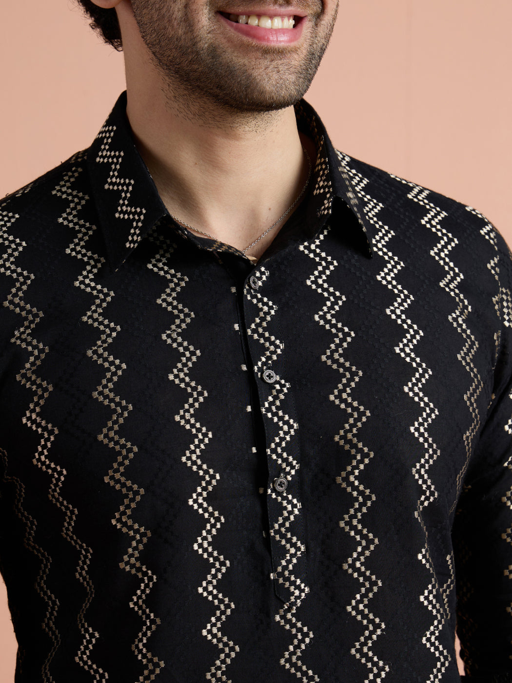 Black Cotton Jacquard Pathani Kurta