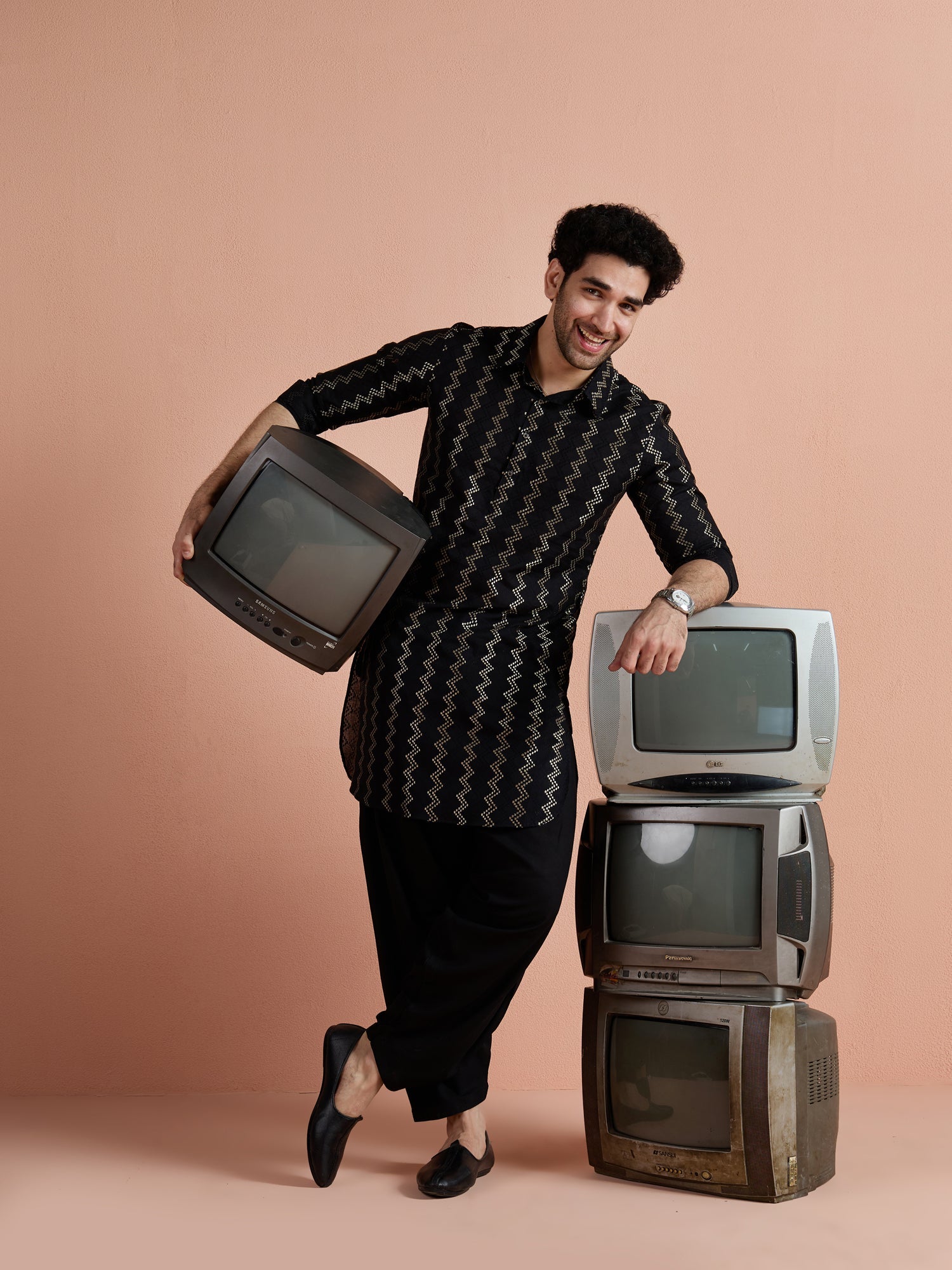 Black Cotton Jacquard Pathani Kurta