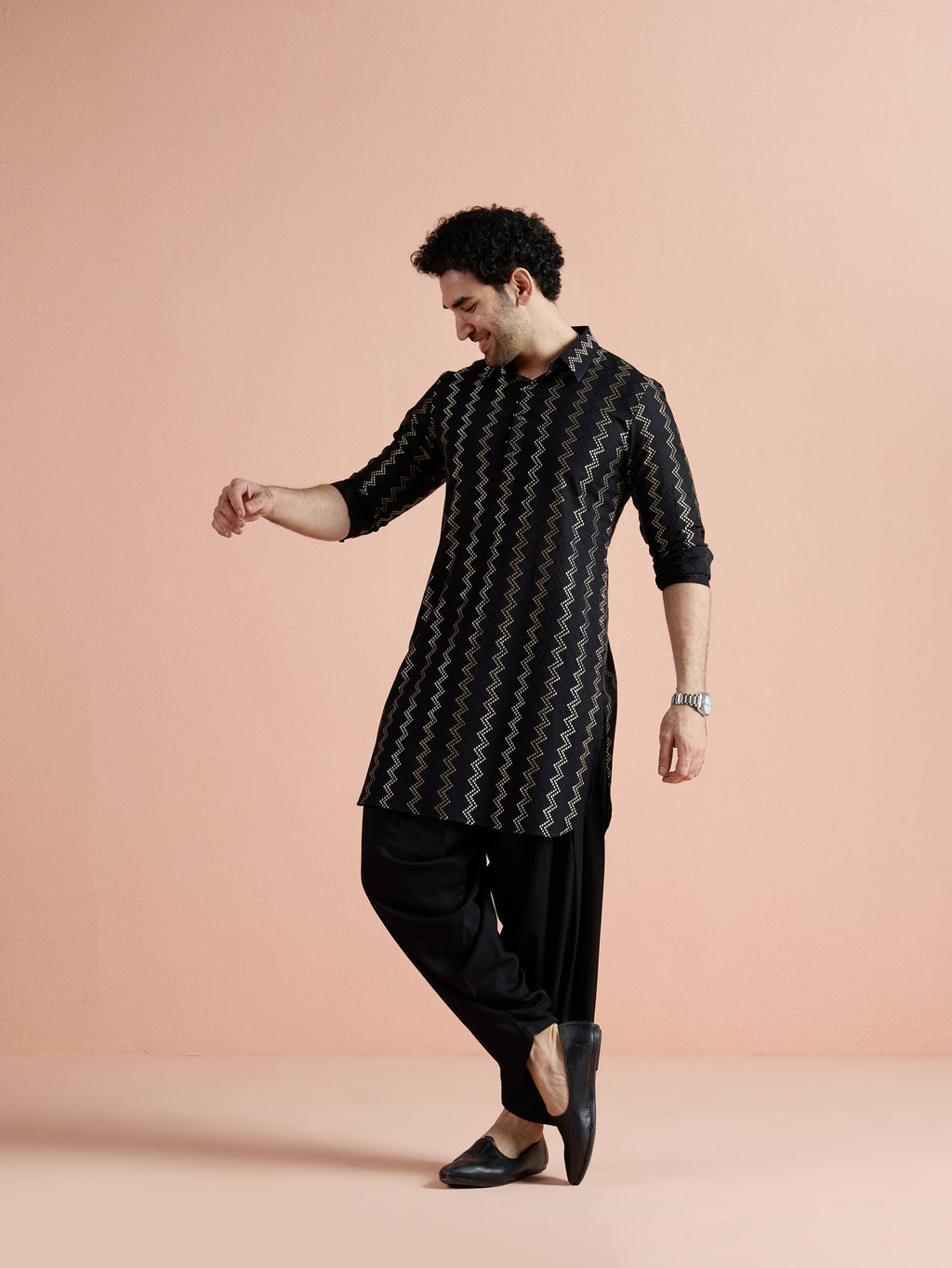 Black Cotton Jacquard Pathani Kurta