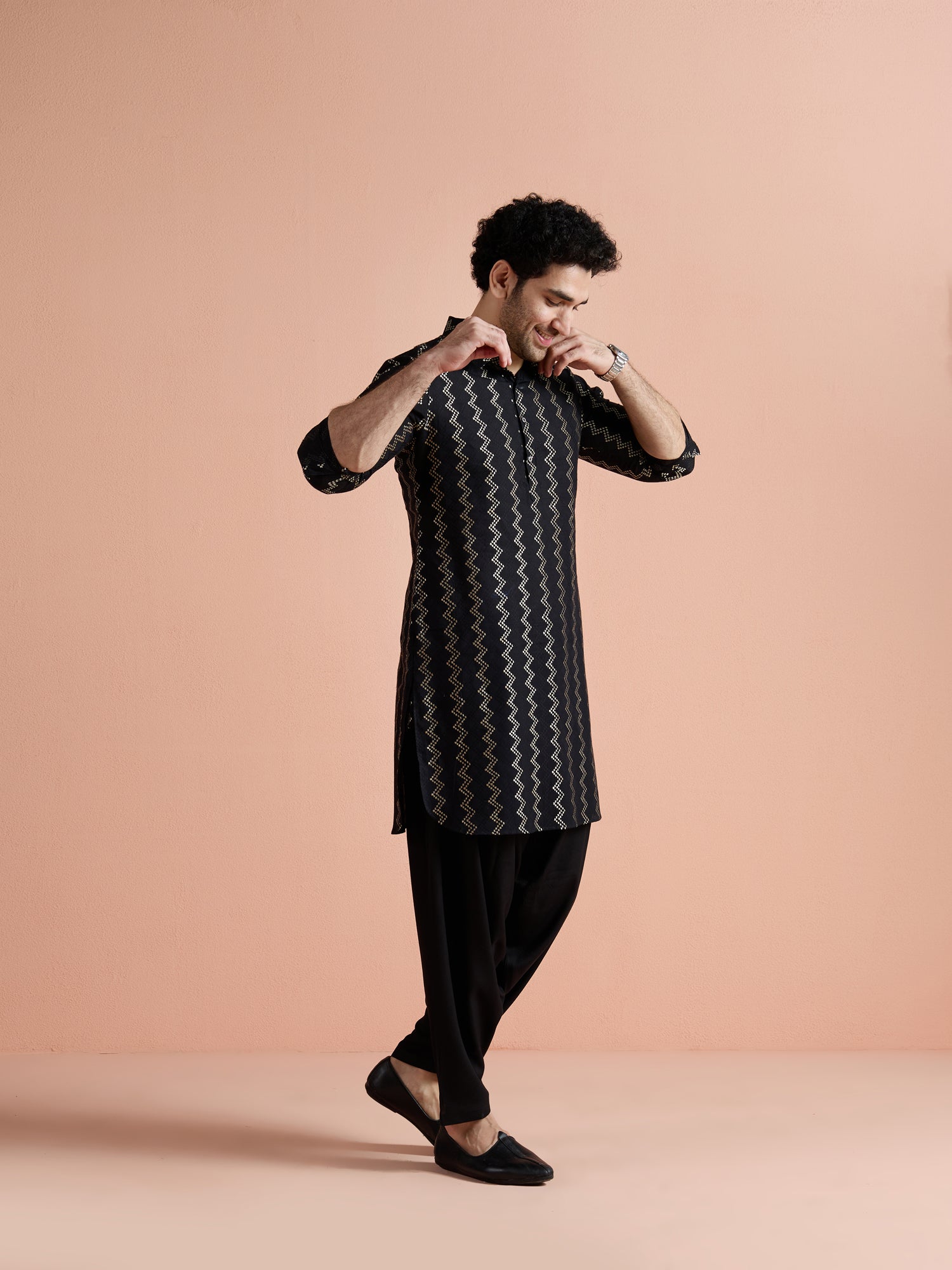 Black Cotton Jacquard Pathani Kurta Patiyala Set
