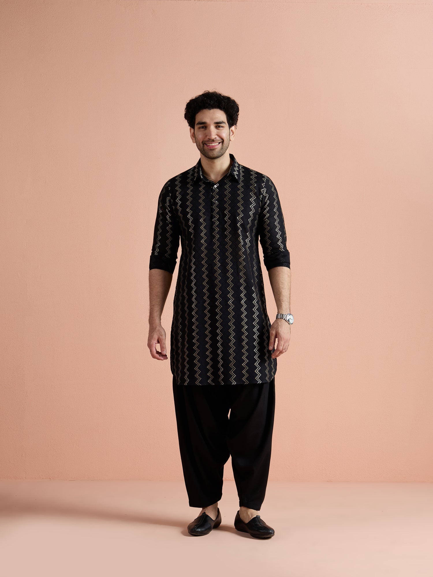 Black Cotton Jacquard Pathani Kurta Patiyala Set