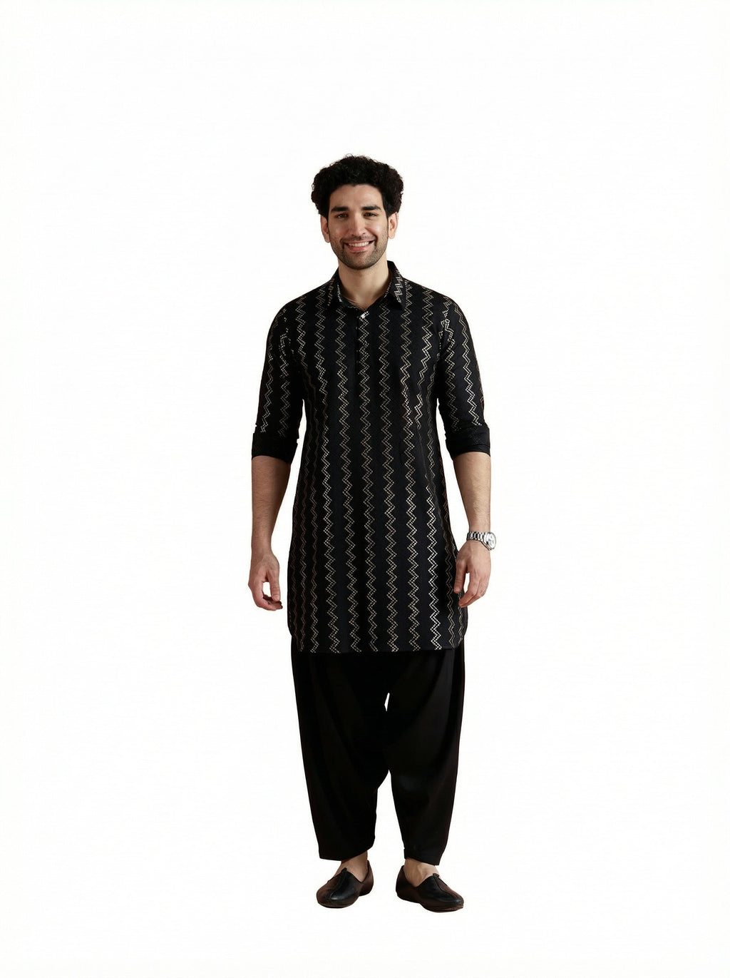 Black Cotton Jacquard Pathani Kurta Patiyala Set