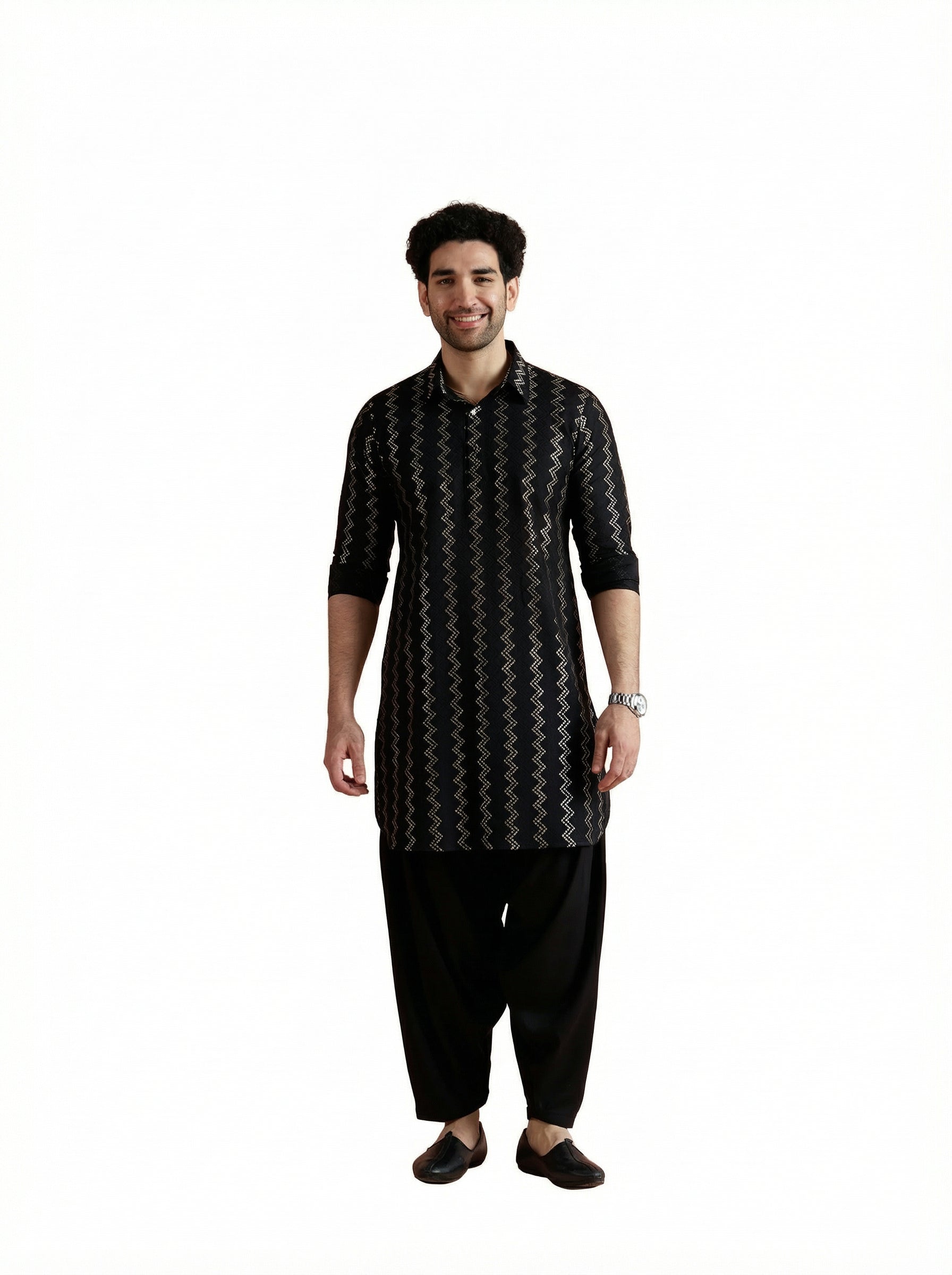 Black Cotton Jacquard Pathani Kurta Patiyala Set