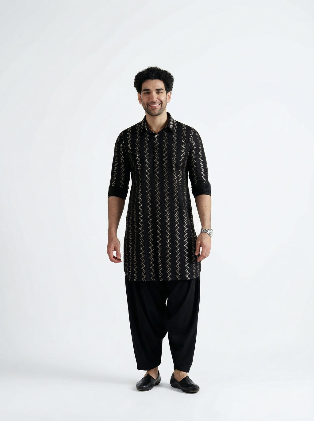 Black Cotton Jacquard Pathani Kurta