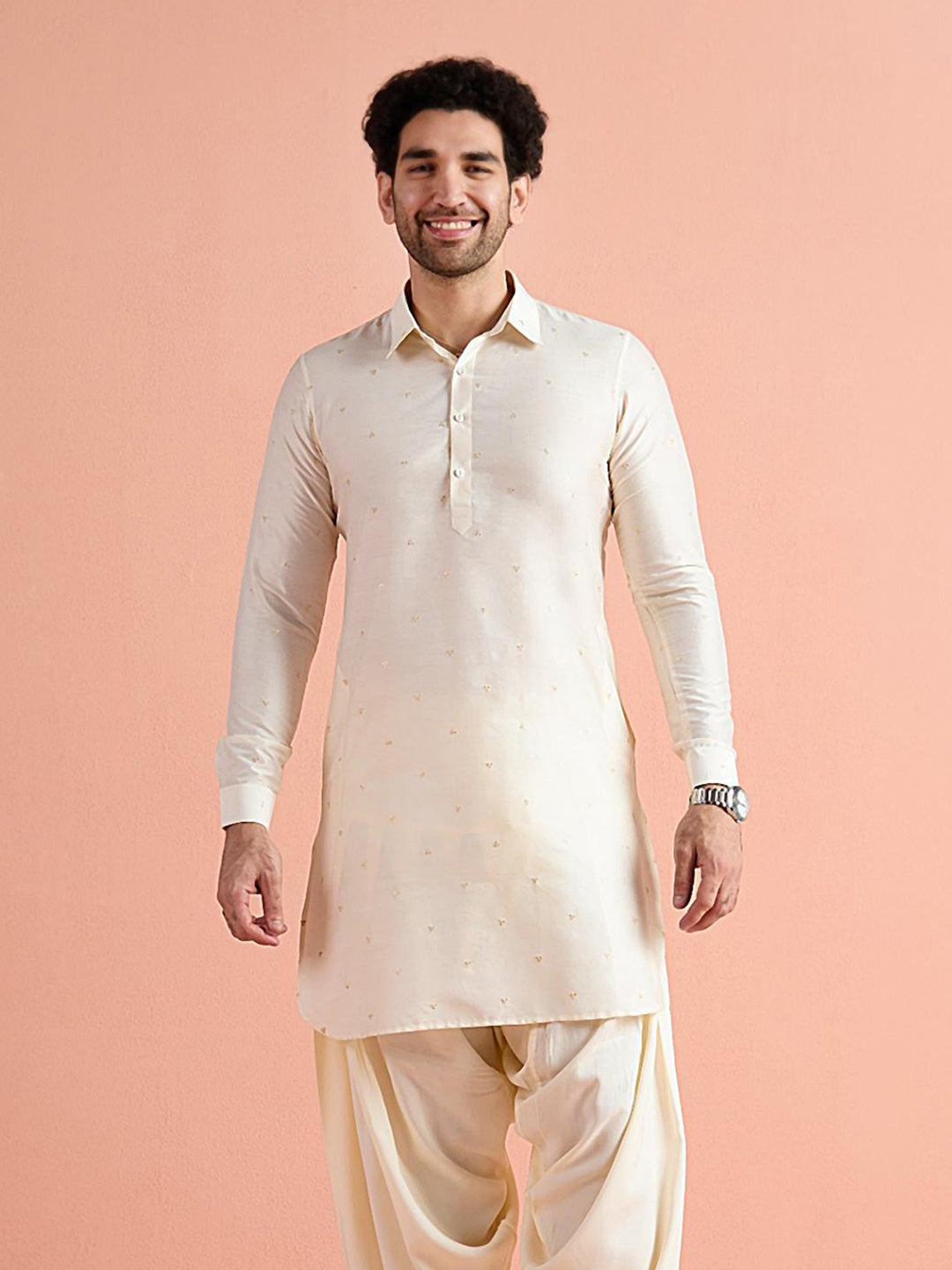 Off-White Viscose Embroidered Pathani Kurta