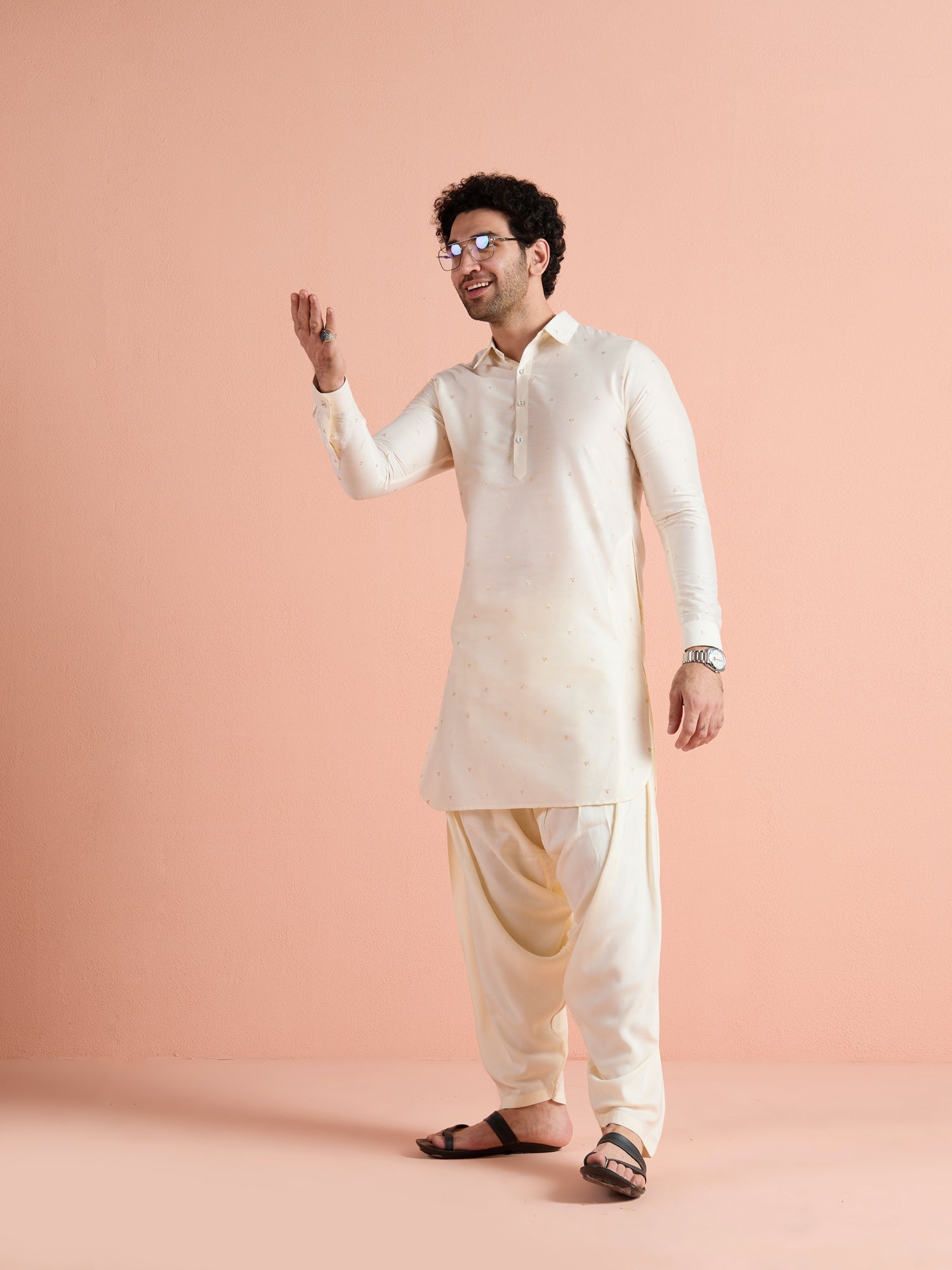 Off-White Viscose Embroidered Pathani Kurta