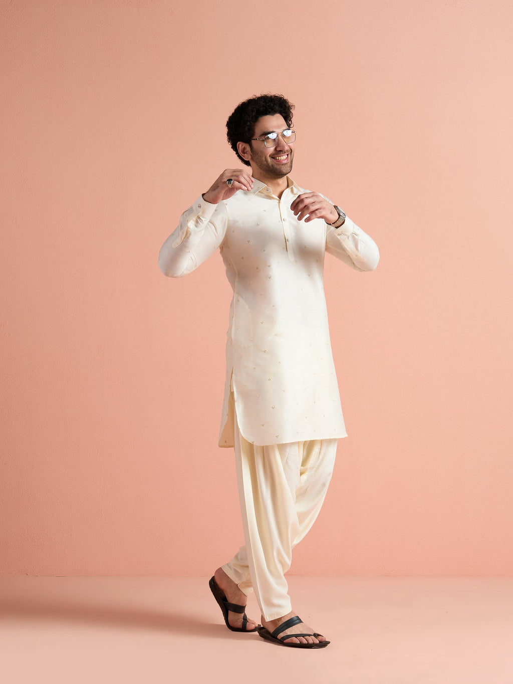 Off-White Viscose Embroidered Pathani Kurta