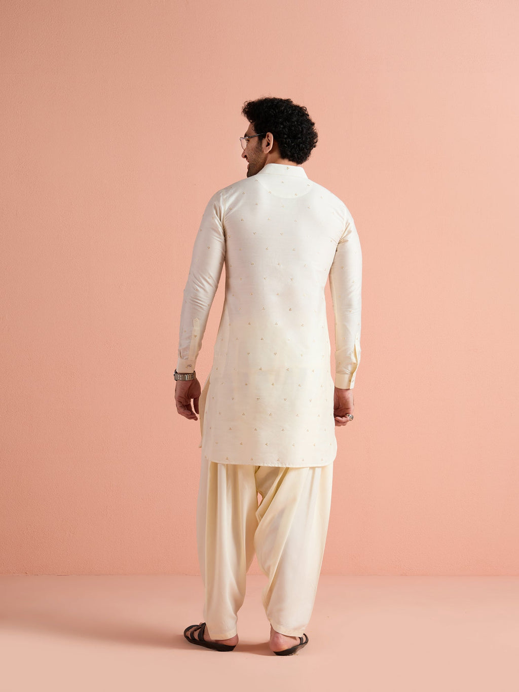 Off-White Viscose Embroidered Pathani Kurta