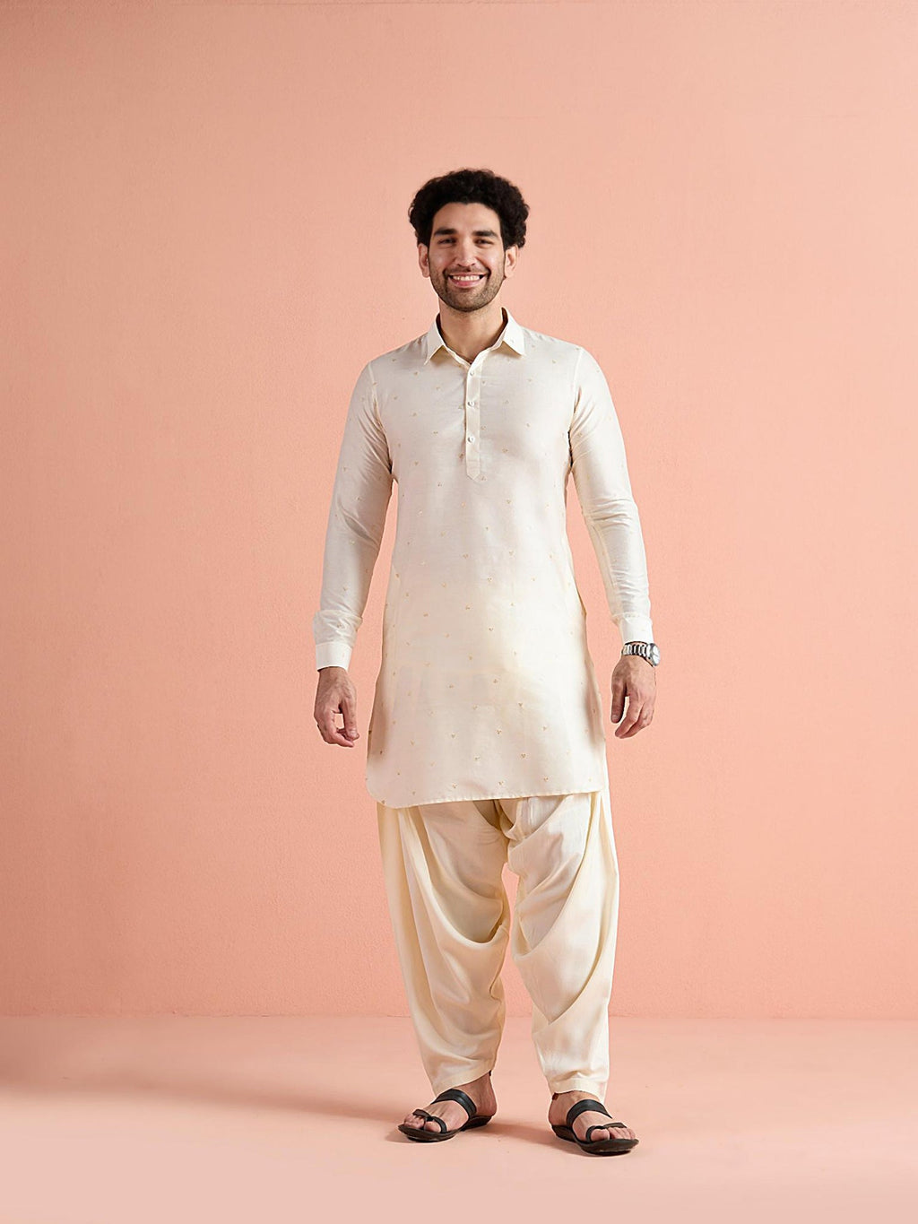Off-White Viscose Embroidered Pathani Kurta