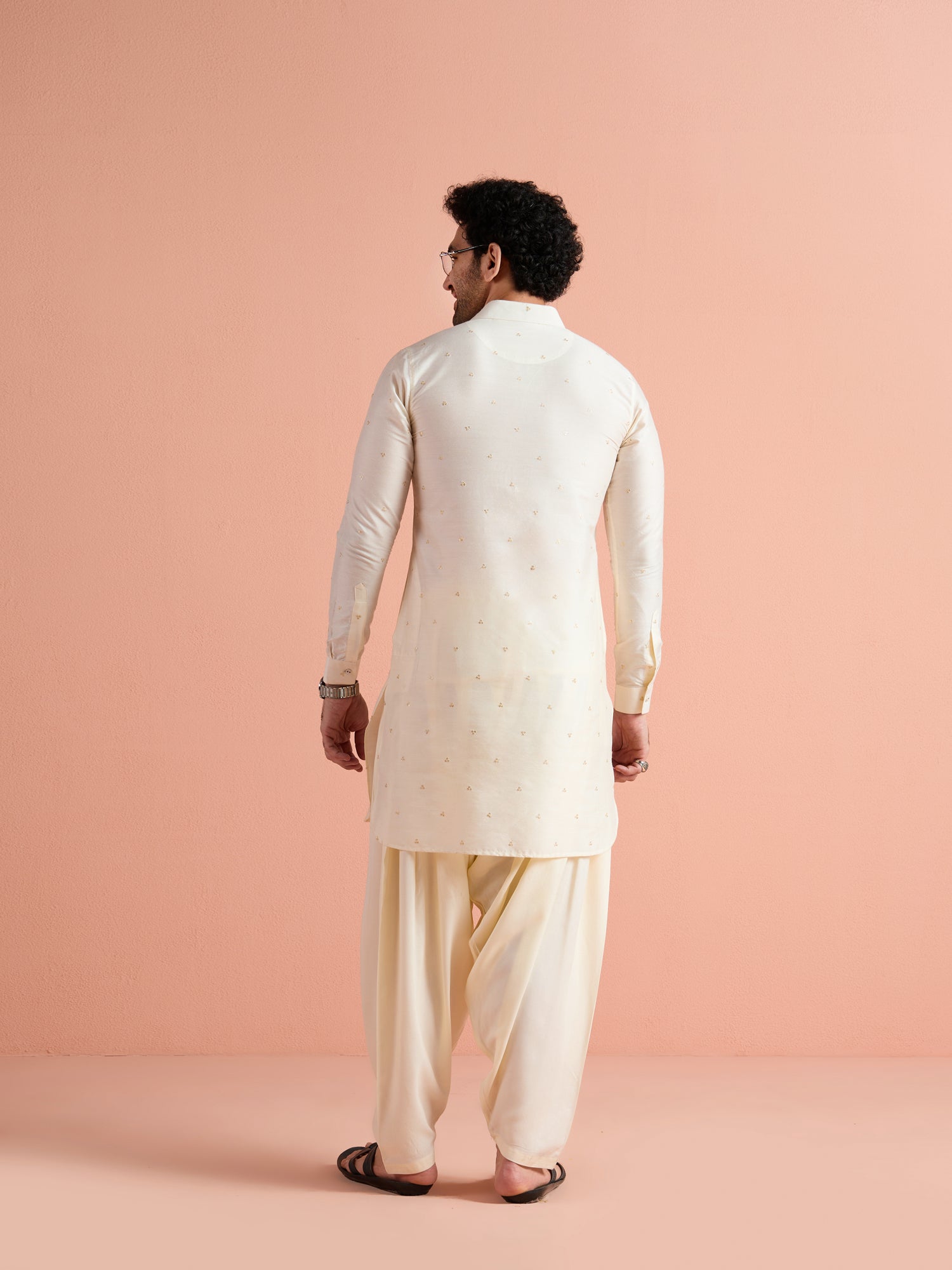 White Viscose Embellished Pathani Kurta Patiyala Set